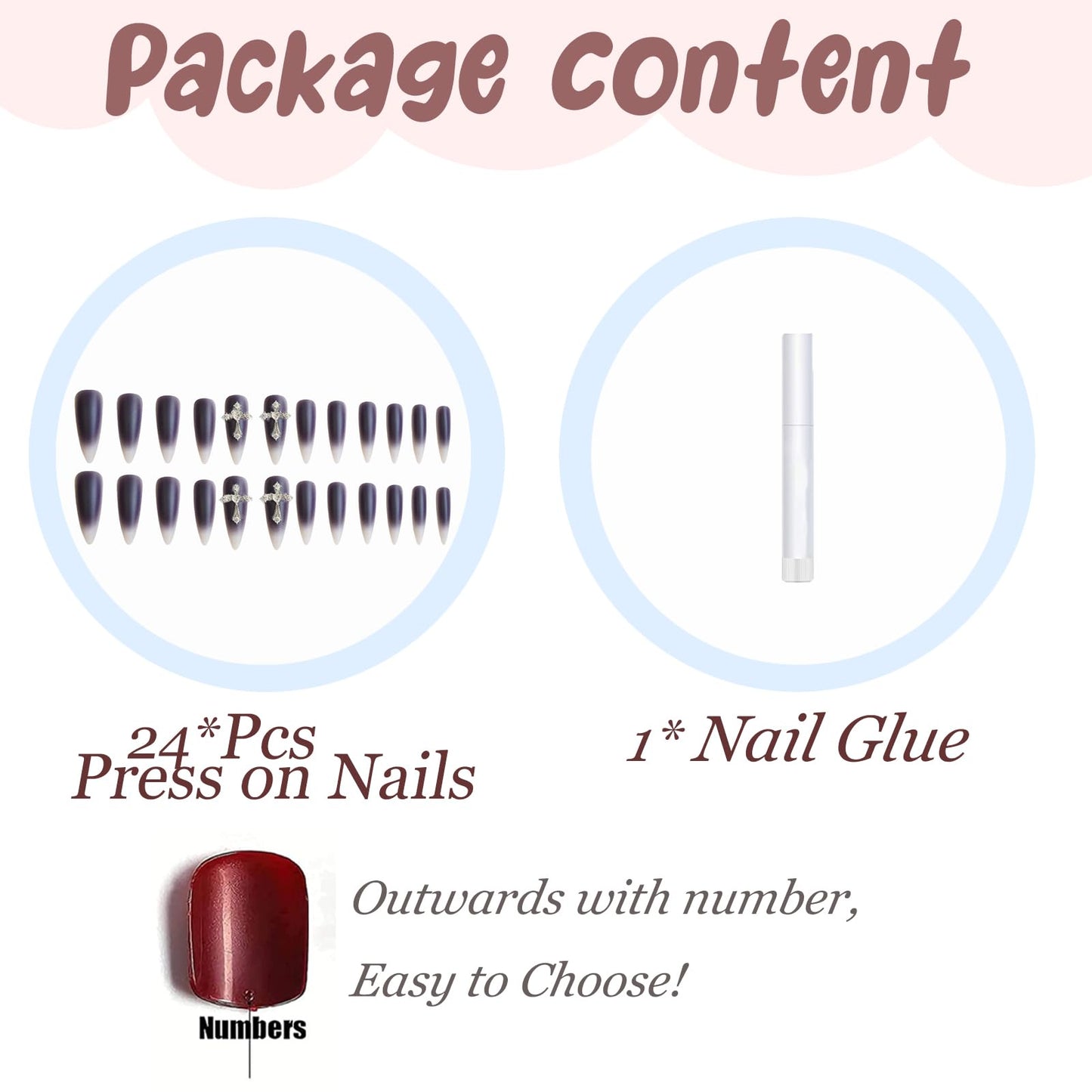 BABALAL Long Stiletto Press on Nails Almond Fake Nails Supplies Black Goth Nails Glue on 3D Metallic Cross Charm Acrylic Nails Y2k Thick False Nails Art 24Pcs Handmade Matte Artificial Nails Diy Nail