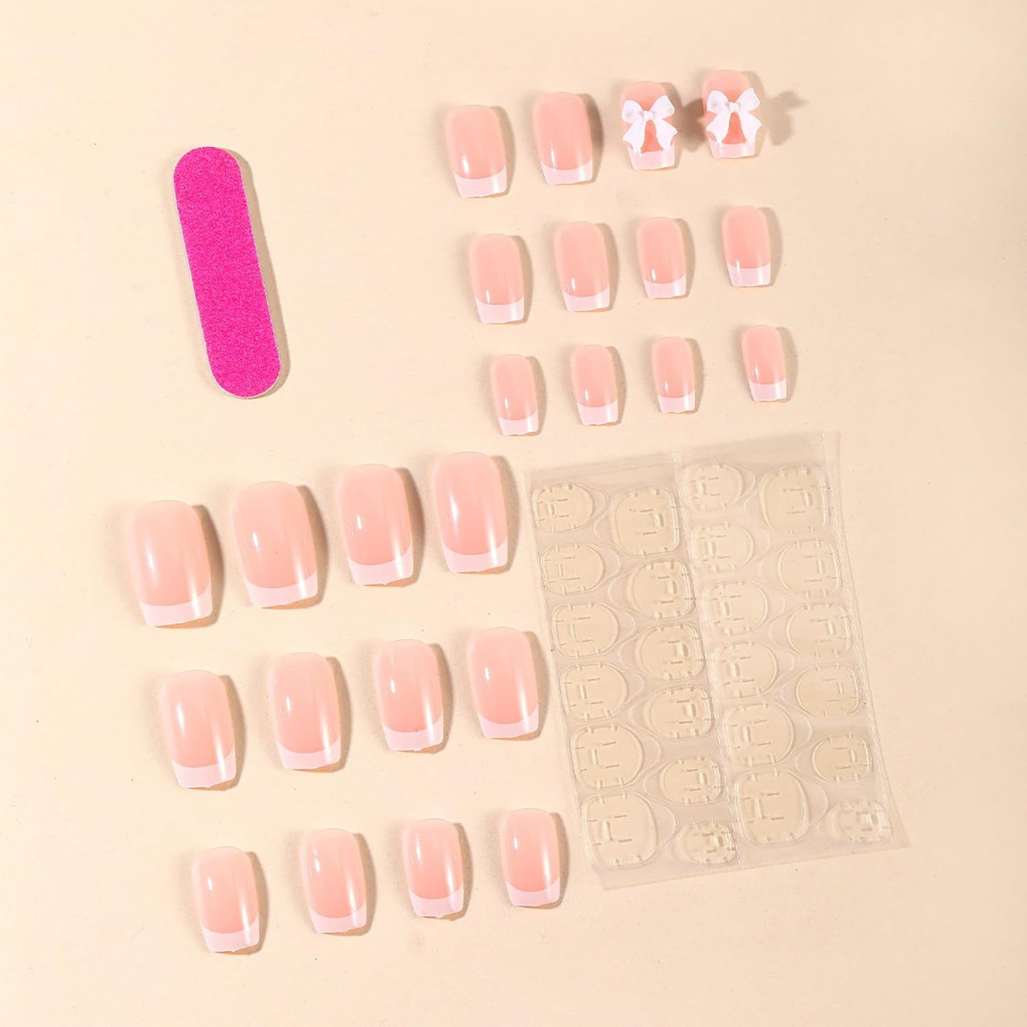 Press on Nails Short Square MABKJLF White French Tip Fake Nails False Nails with Designs Bow Charm Glossy Glue on Nails Stick on Nails Acrylic Nails for Women Girls 24 Pcs