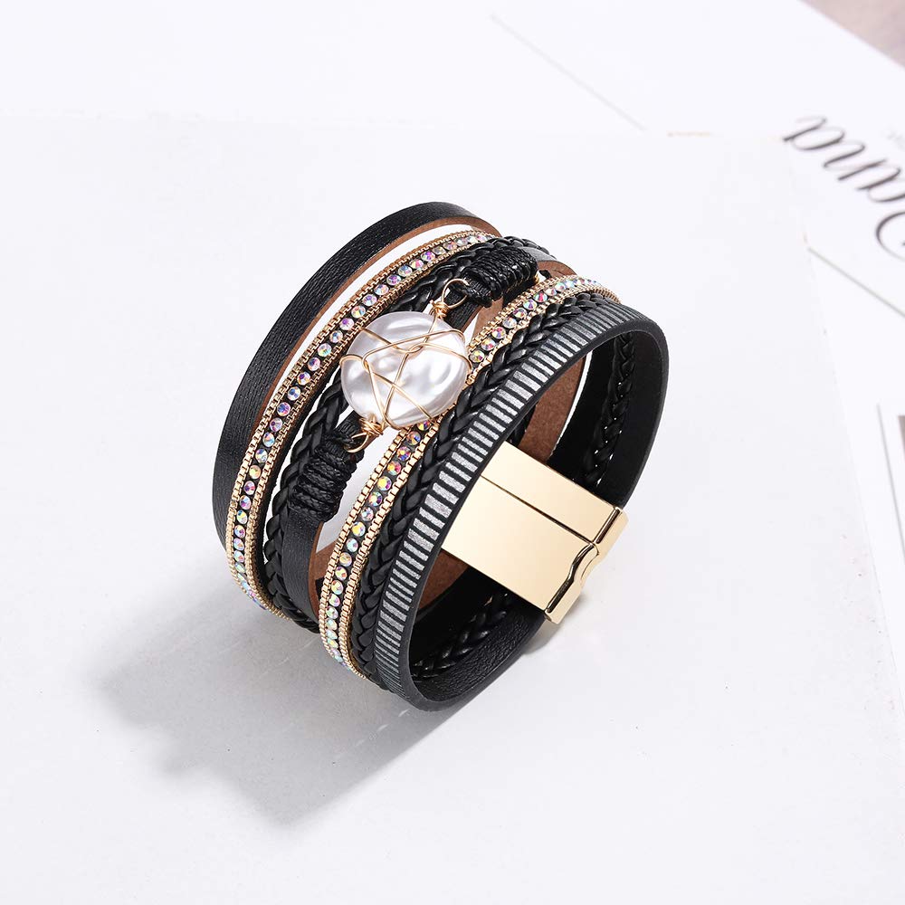 Fesciory Leopard Bracelet for Women, Boho Leather Wrap Multi-Layer Pearl Crystal Bracelet Bangle Jewelry(Round Pearl(Black))
