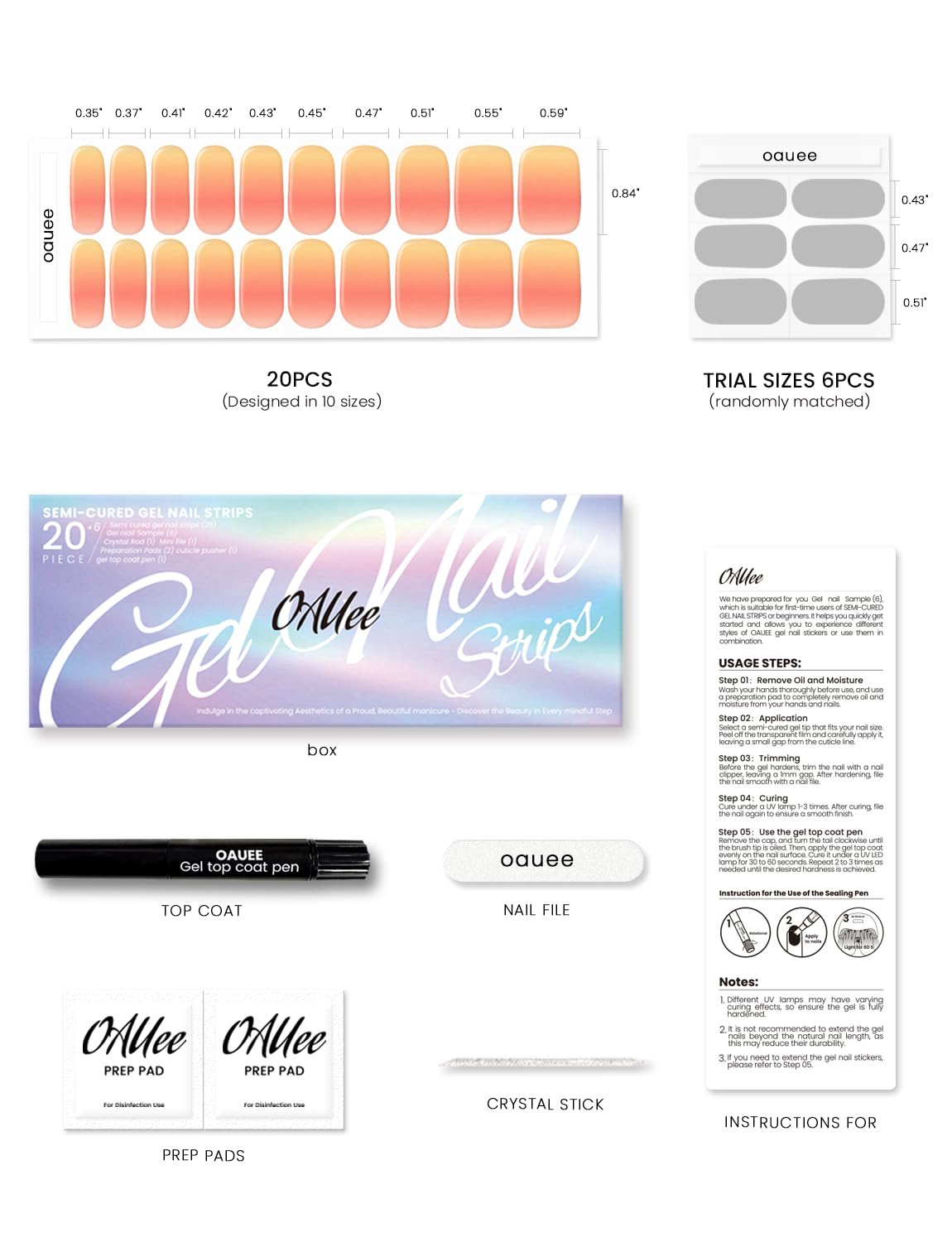Oauee Semi Cured Gel Nail Strips | Built-In Gel Top Coat | UV Light Required | Salon Quality, Easy Application And Removal (Sunset Ember）