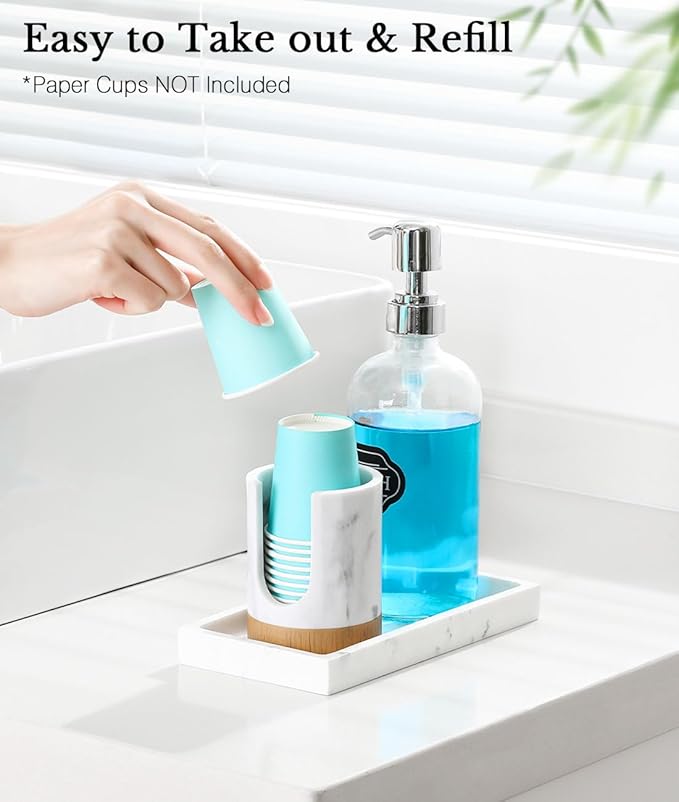 Luxspire Bathroom Cup Dispenser, 3oz Dixie Cup Dispenser, Marble Resin Dixie Cup Holder, Disposable Paper Cup Holder for Bathroom, Cotton Pad Holder, Guest Bathroom Essentials, Marble White