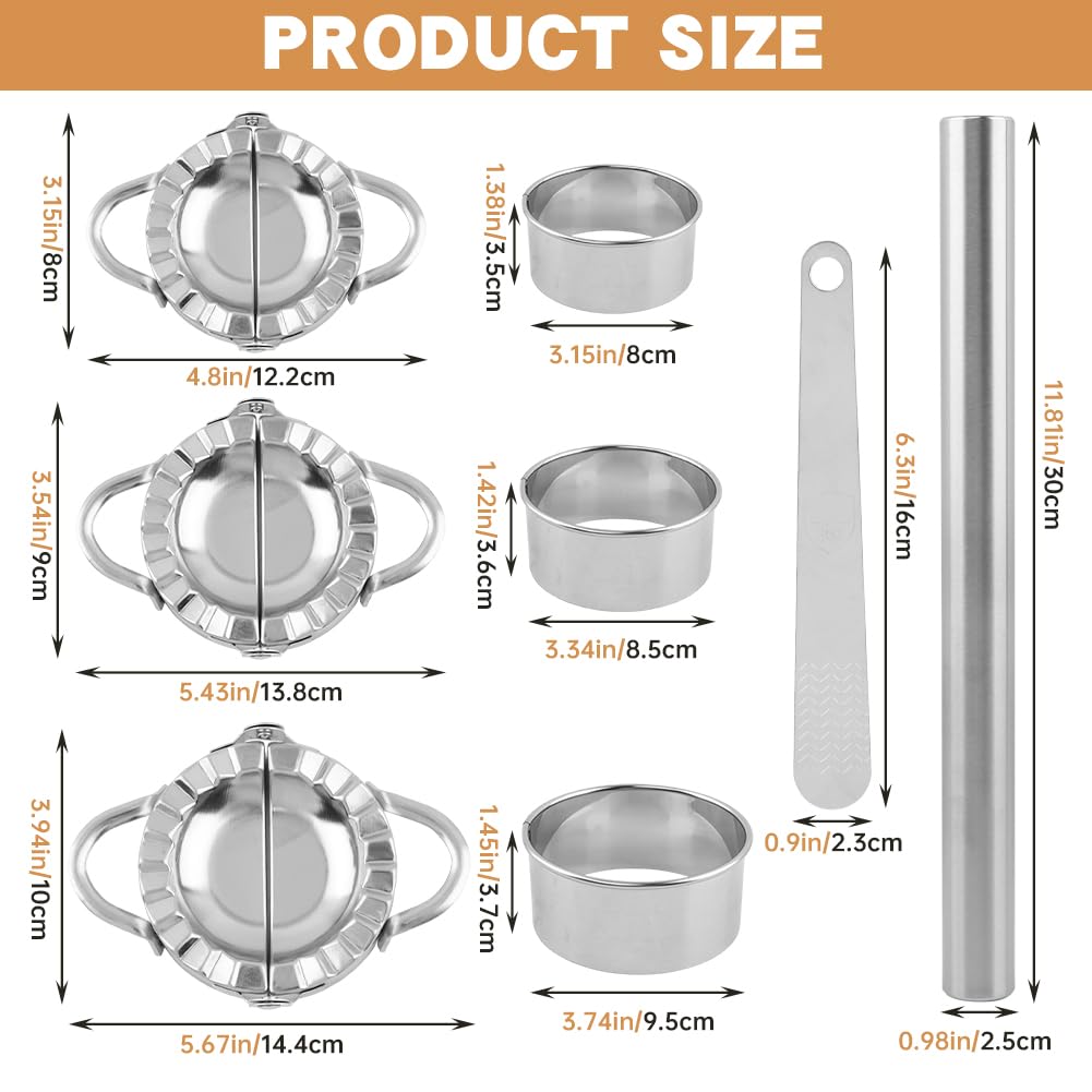 Zorivane 8Pcs Dumpling Maker Set, Stainless Steel Empanada Maker Press with Rolling Pin and Stuffing Scoop, Dough Cutter Dumpling Mold for Ravioli Pierogi Calzone, 3 Sizes