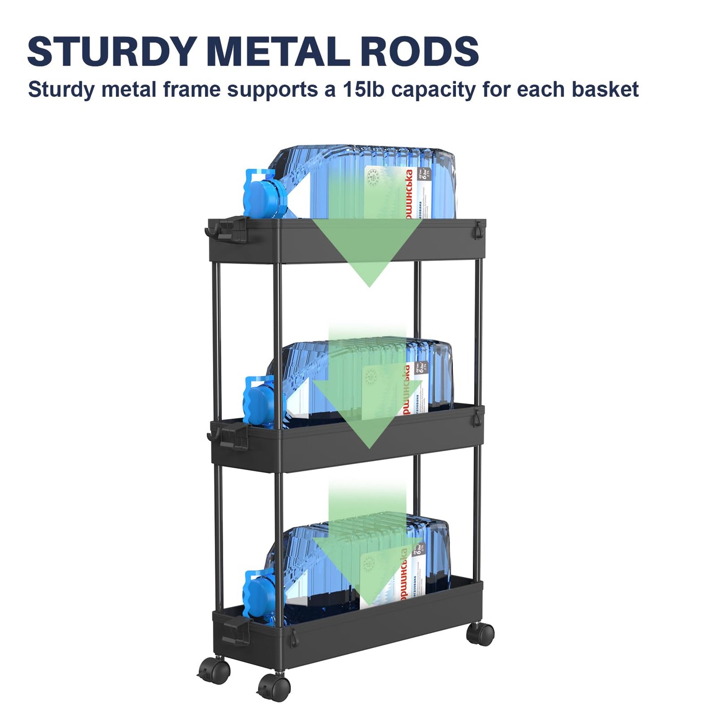 SPACELEAD 3 Tier Rolling Cart with Wheels, Storage Craft Art Trolley Organizer Serving, 3 Hanging Baskets Easy Assembly, for Office, Bathroom，Living Room, Kitchen, Black
