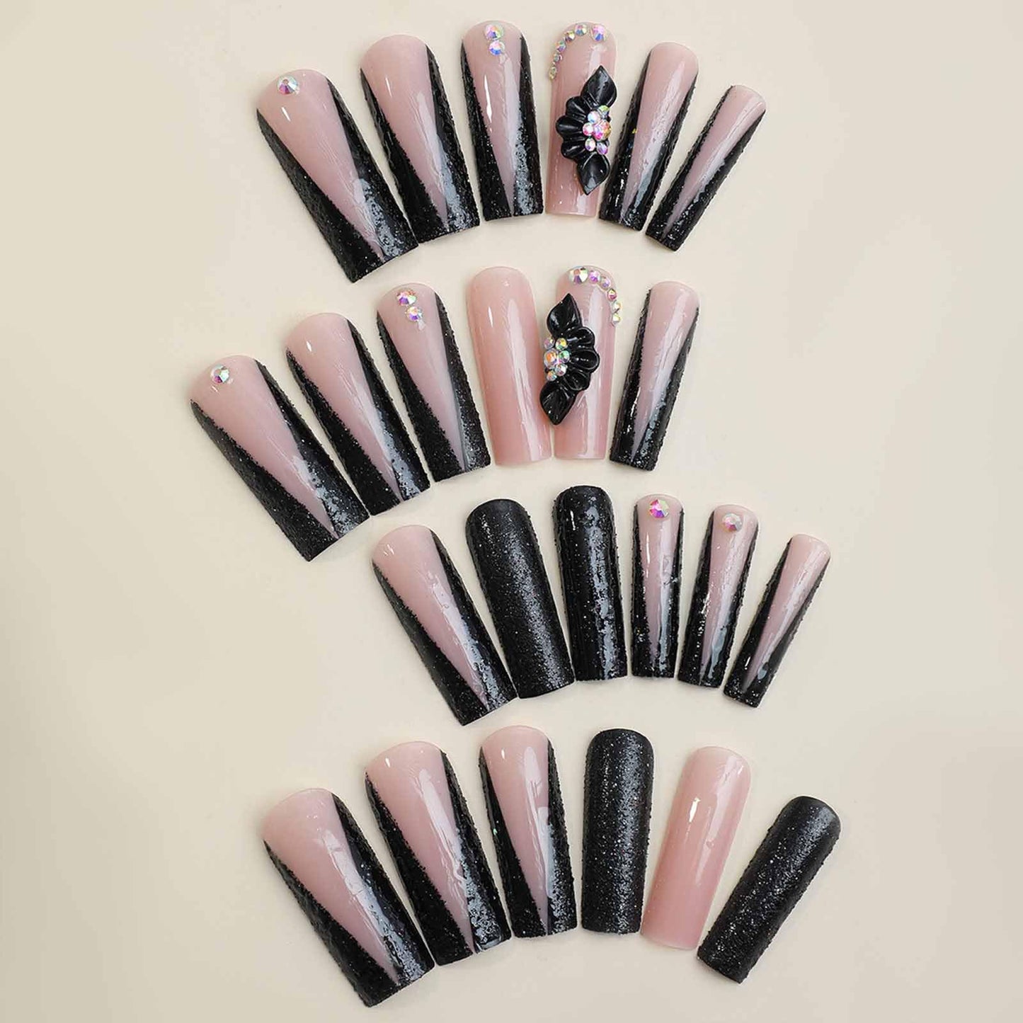 IMSOHOT Press on Nails Long Square Fake Nails Black French False Nail Tips Glossy Acrylic Full Cover Rhinestones Glitter Glue on Nails for Women 24Pcs