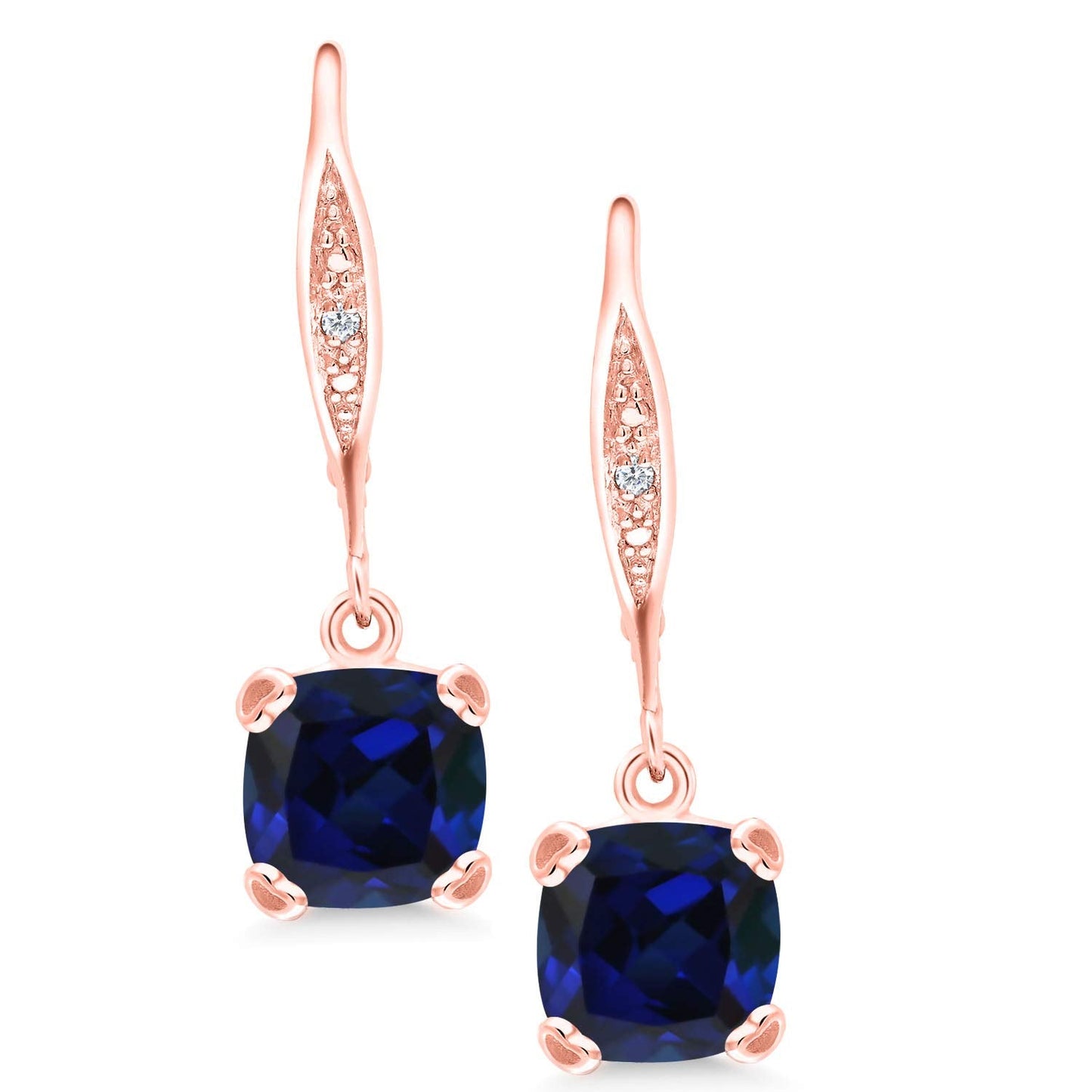 Gem Stone King Drop Dangle Earrings For Women | 7MM Cushion Cut Gemstone Birthstone and Diamond | 925 Sterling Silver | Jewelry Gift for Mom Wife Her | Created Sapphire-September | Rose Gold