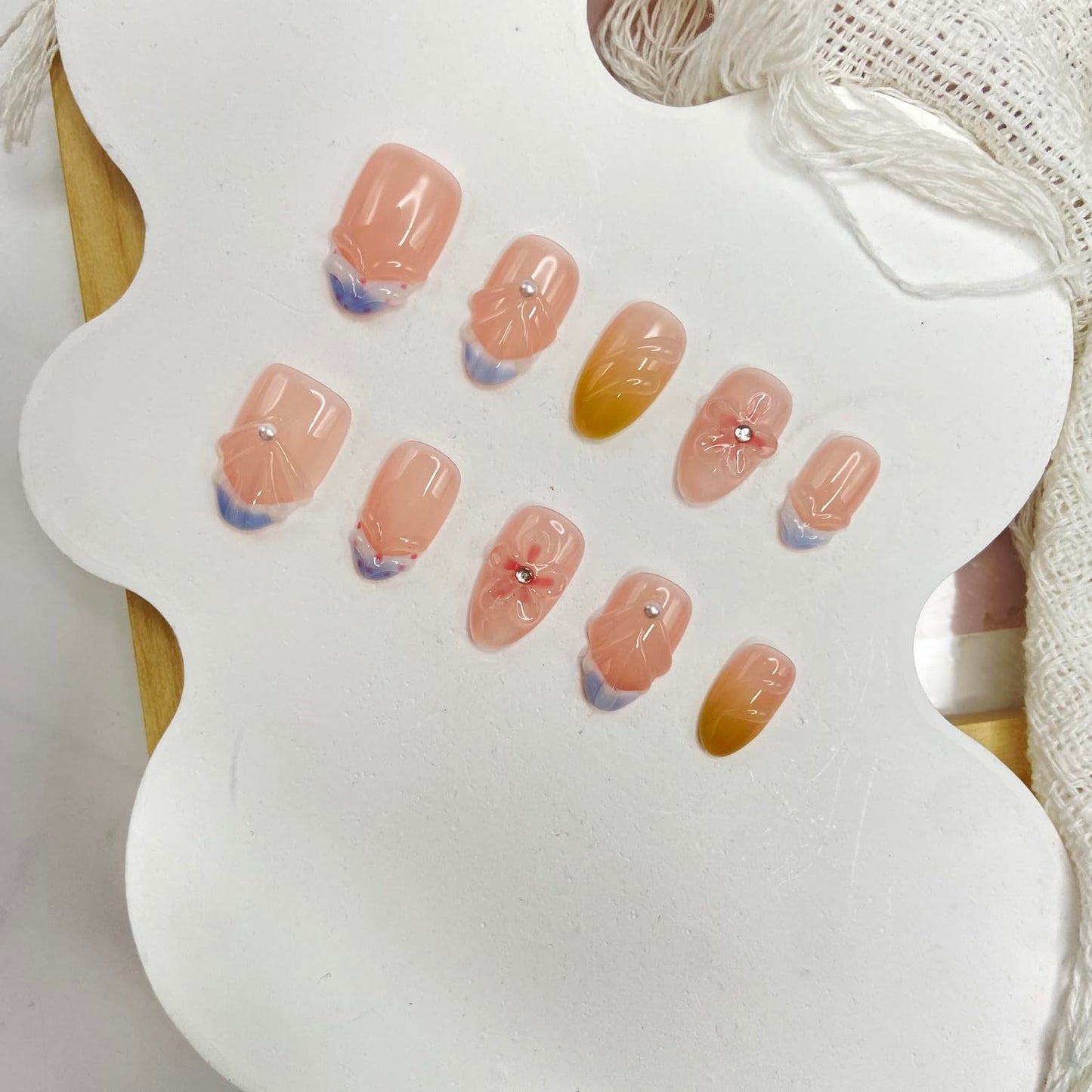 Handmade Press on Nails Gradient Press on Nails Short Almond Fake Nail Rhinestones False Nails Glossy Flower Full Cover French Stick on Nail Acrylic Artificial Nails for Women Glue on Nails (Size S)