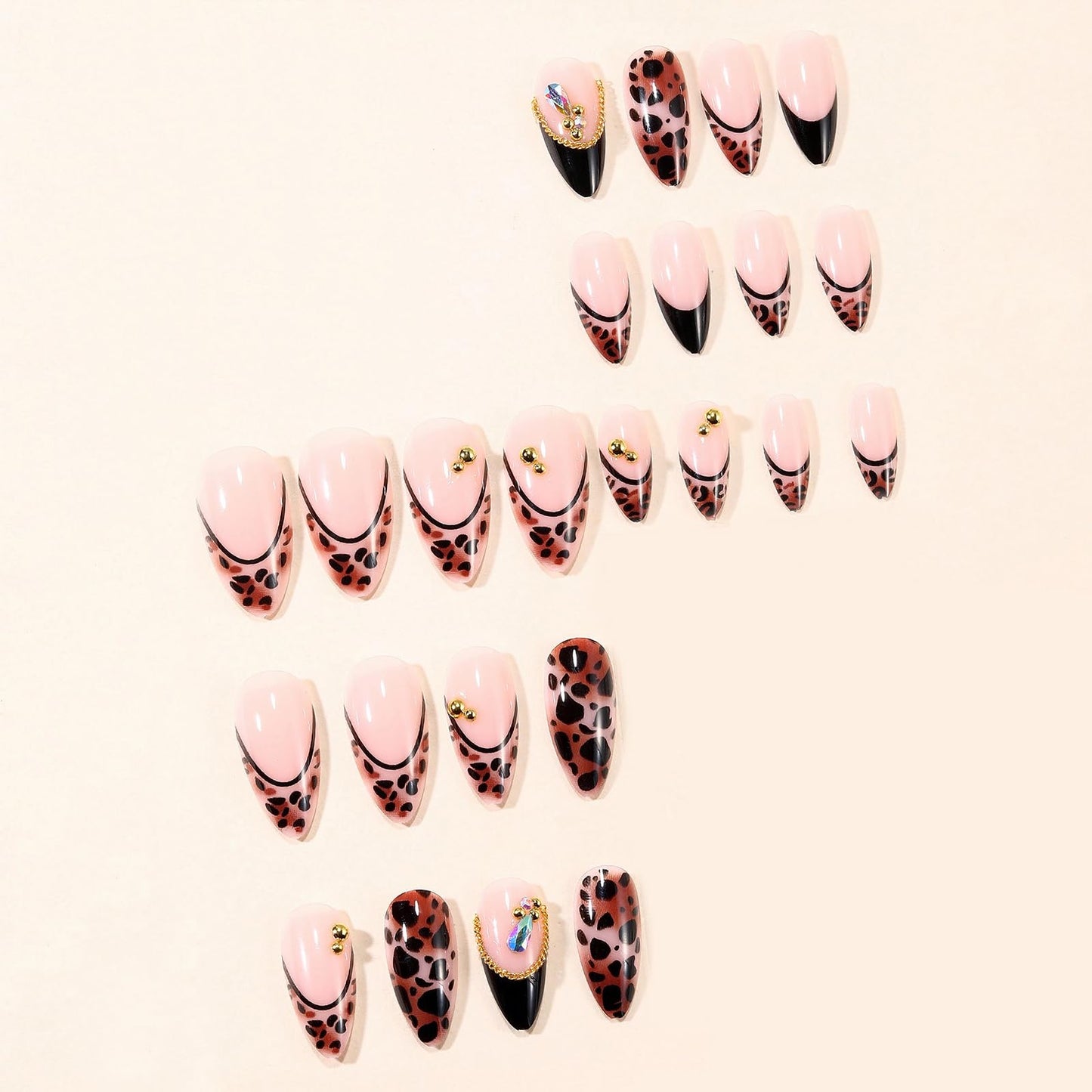 MISUD Press on Nails - Medium Almond Fake Nails with Fall Brown, Acrylic Cheetah French Tip Design 24 pcs