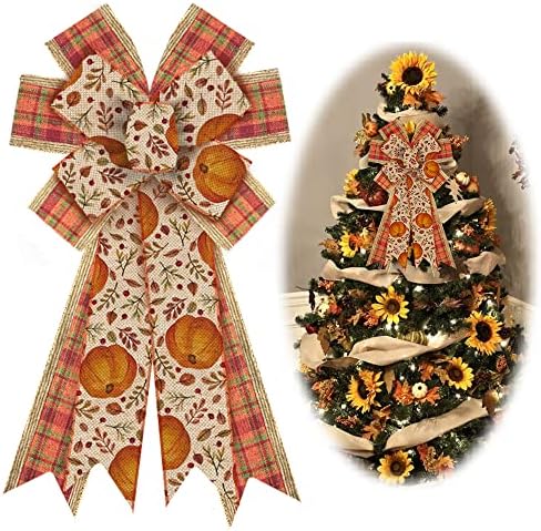 Large Fall Bows for Wreath, Thanksgiving Pumpkin Leaves Wreath Bows Orange Buffalo Plaid Bows for Front Door, Farmhouse Ornament Burlap Tree Topper Bows for Fall Indoor Outdoor Decoration