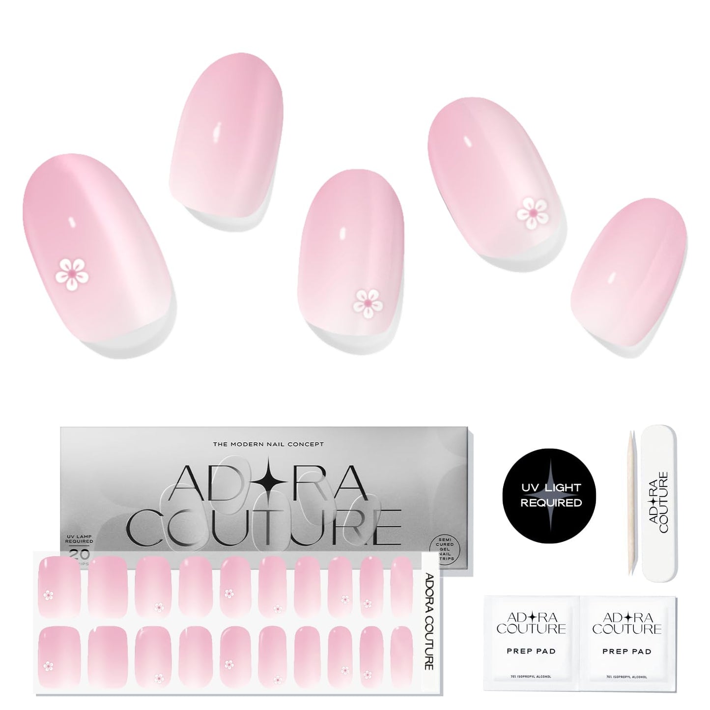 Adora Couture Semi-Cured Gel Nail Strips - 20 Salon-Quality Gel Sticker with UV Light Required, Long Lasting, Easy Application & Removal, Includes Prep Pad, Nail File, Wooden Stick – Pink Cherry