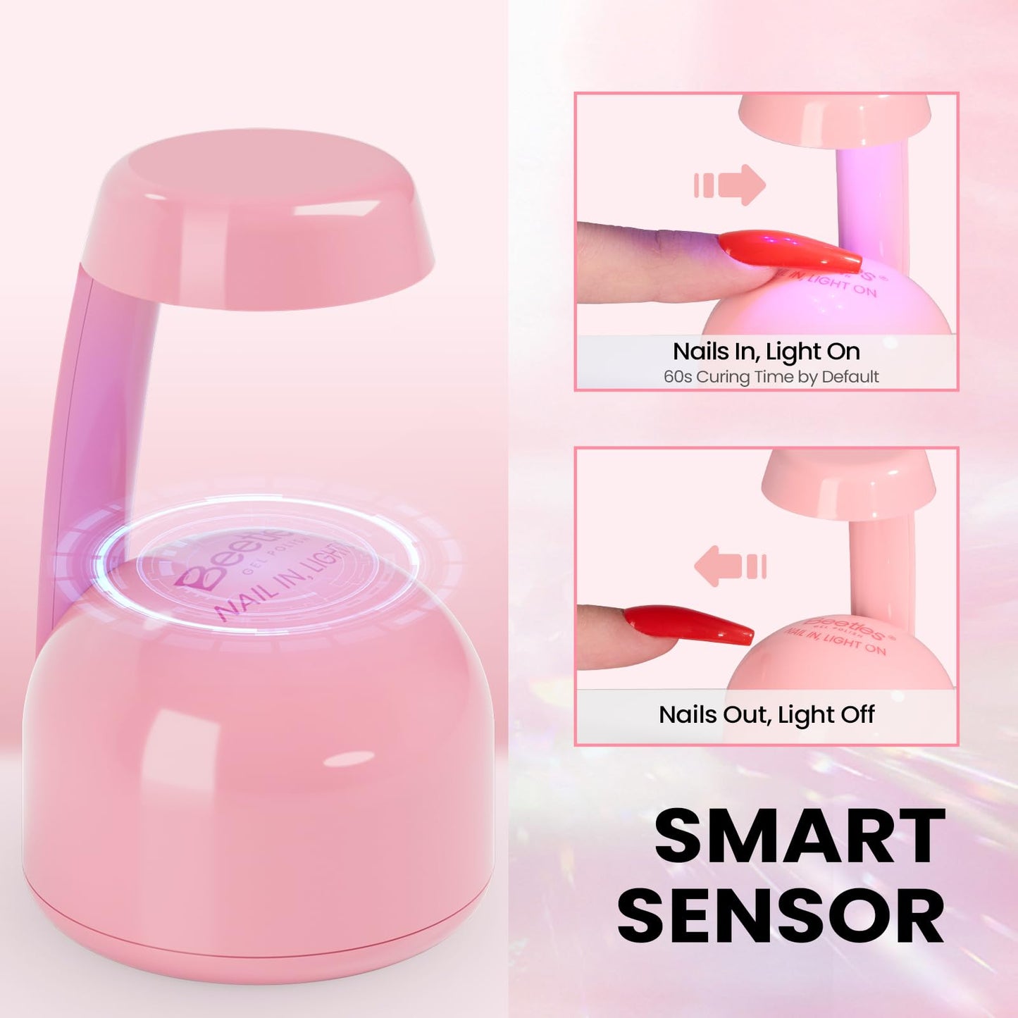 Beetles Mini UV Light for Gel Nails Tips – Small Flash Cure Lamp with Smart Sensor for Easy and Fast Nail Extensions, Cute and Portable UV LED Nail Lamp DIY Manicure Tools, Pink