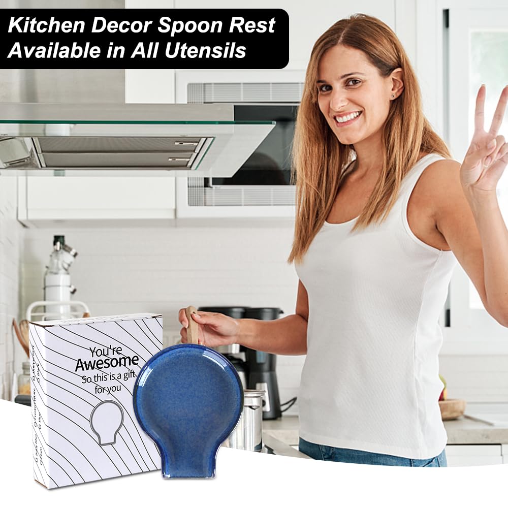 Spoon Rest - HAPPY KIT Blue Spoon Rest for Stove Top for Cooking Spoons Spatula Kitchen Decor Ceramic Spoon Holder for Kitchen Counter with Gift Box Ready