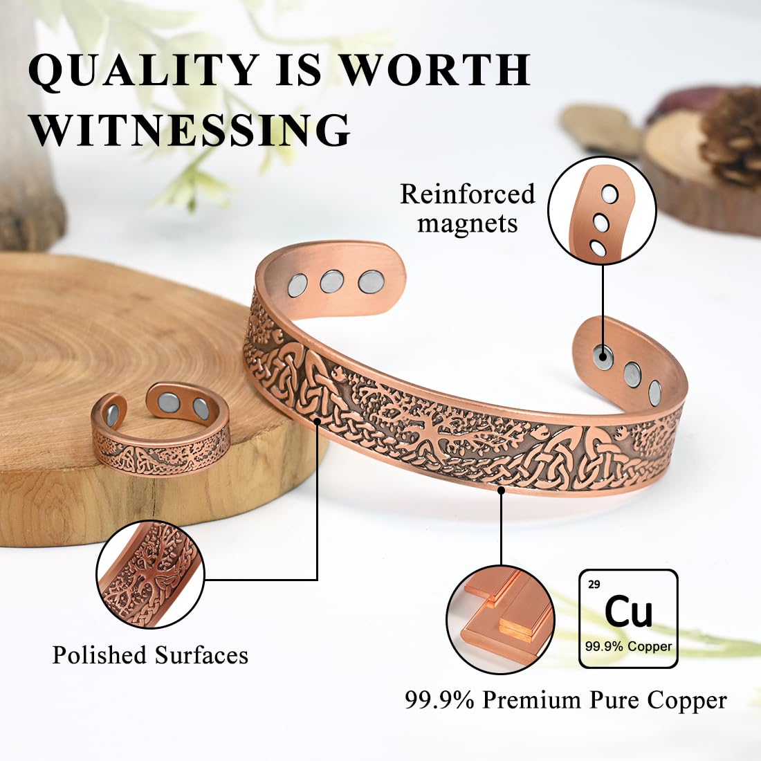 Vicmag Copper Magnetic Bracelet for Men Magnetic Bracelets 9X Ultra Strength Magnets Tree of Life Pattern Adjustable 99.9% Solid Pure Copper Present(Tree & Ring)