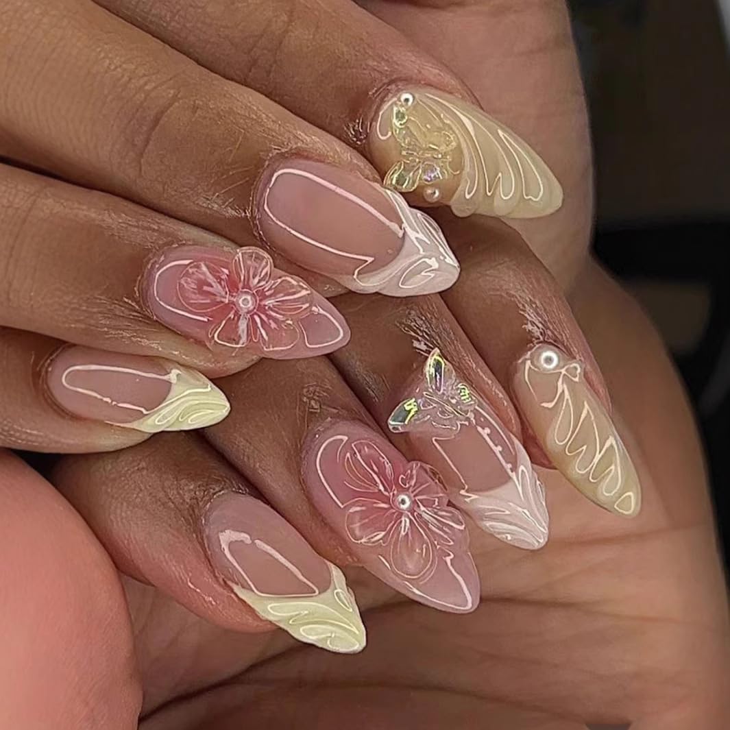 TENPAL Handmade Warm Yellow Blush French Tips Press on Nails Medium Almond with 3D Butterfly & Wave,Handmade & Reusable, Sheer Flattering False Nails for Everyday Summer Wear(M)