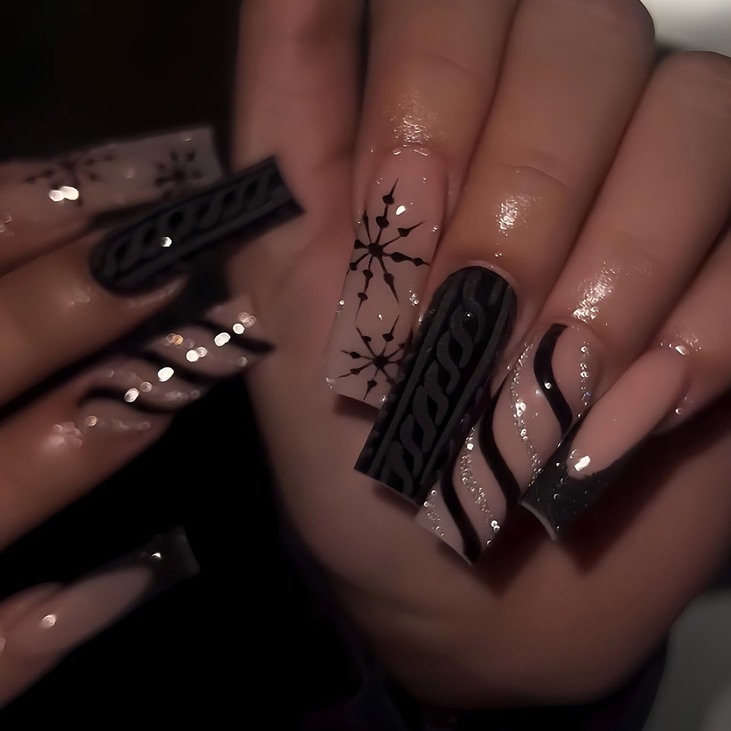 Christmas Press On Nails Medium Square Black French Tips Nails with Glue Winter Snowflake Design,Christmas Nails Long False for Women Holiday Xmas Gifts