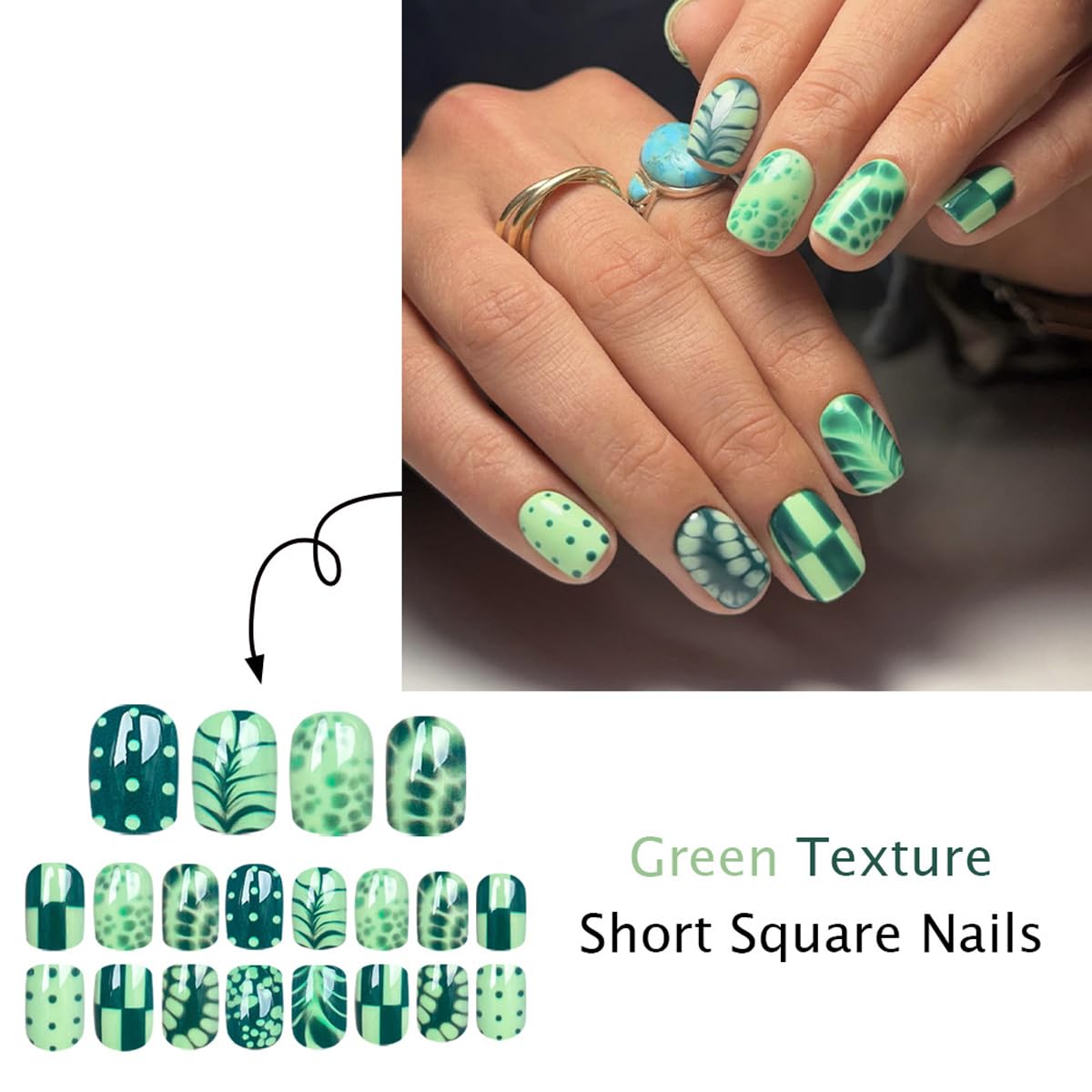 Green Press on Nails Short Square Fake Nails Spring Summer Nails Press ons with Botanical Design,Full Cover Glue on Nails for Women Manicure,Artificial | Reusable | Easy Apply | 24Pcs