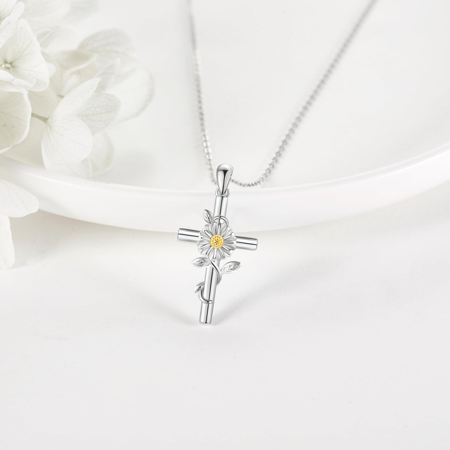 JERWLI Daisy Necklace 925 Sterling Silver Daisy Cross Pendant Necklace April Birth Flower Jewelry for Women