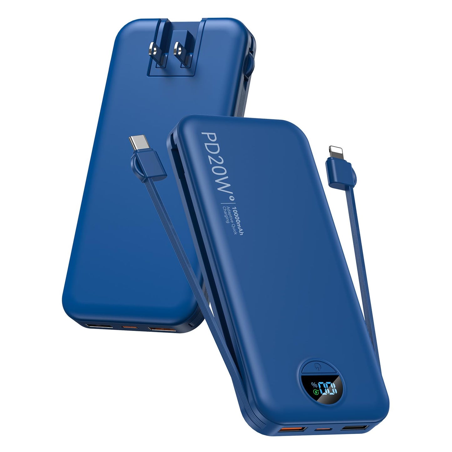 citicr Portable Charger Power Bank, 10000mAh PD20W USB C Fast Charging with Built-in Cables & Wall Plug, 5-in-1 External Battery Pack with LED Display, Perfect Backup for iPhone, iPad, Samsung Navy