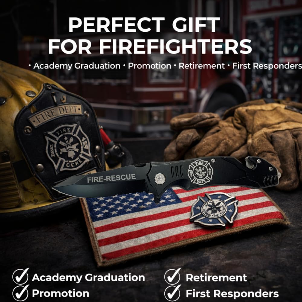 Black Firefighter Rescue Knife – Emergency Window Breaker, Seatbelt Cutter, Combo Edge Blade – Firefighter Tools & Firefighter Gifts for Men – Tactical Firefighter Knife with Belt Clip