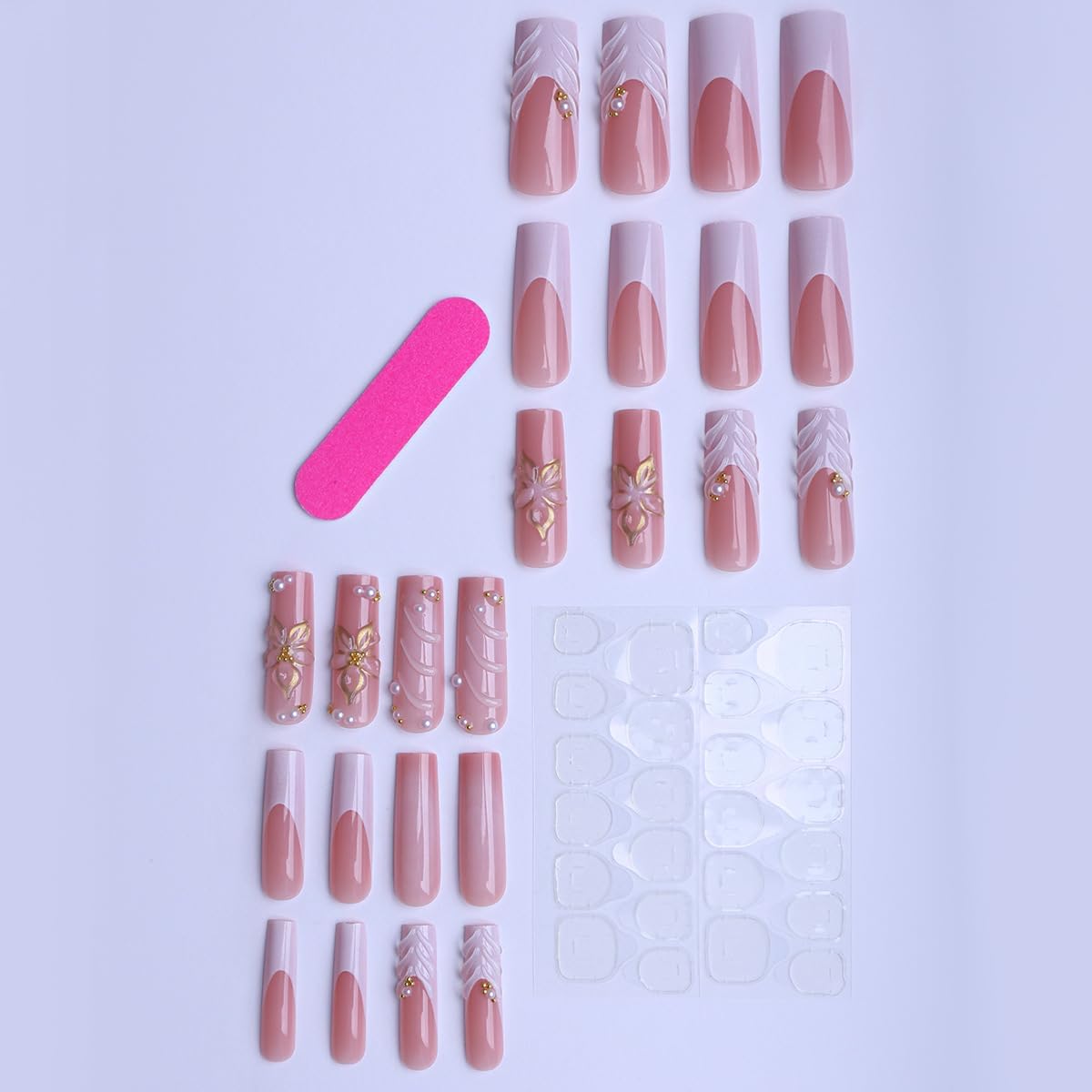 Long Square Press on Nails, plalely Gold Embossed Flowers Acrylic Press on Nails with Cute Pearl Charms Designs，Long Press on Nail for Women 24pcs