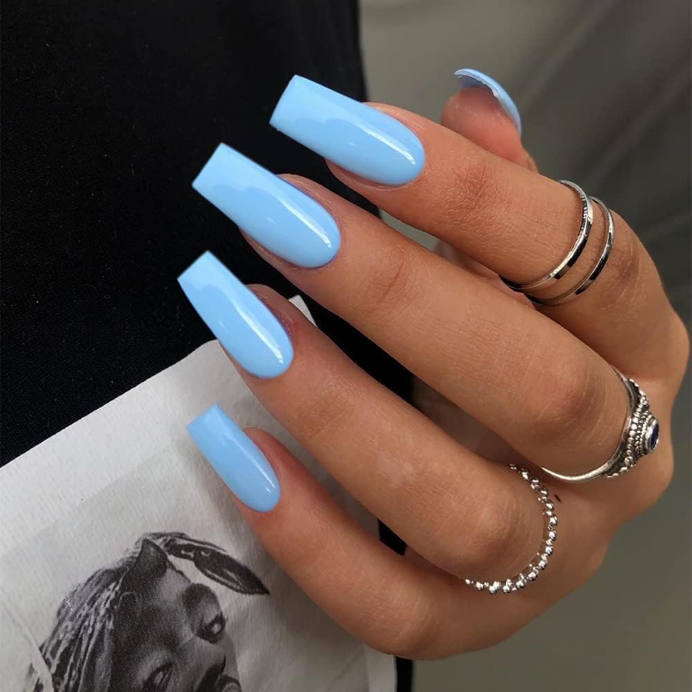 Baby Blue Press On Nails Medium Long Square, Xcreando Medium Coffin Nails Acrylic Press ons Glue on Nails Long Length, Solid Color Fake Nail for Women, Natural Thick Artificial Nail Stick on