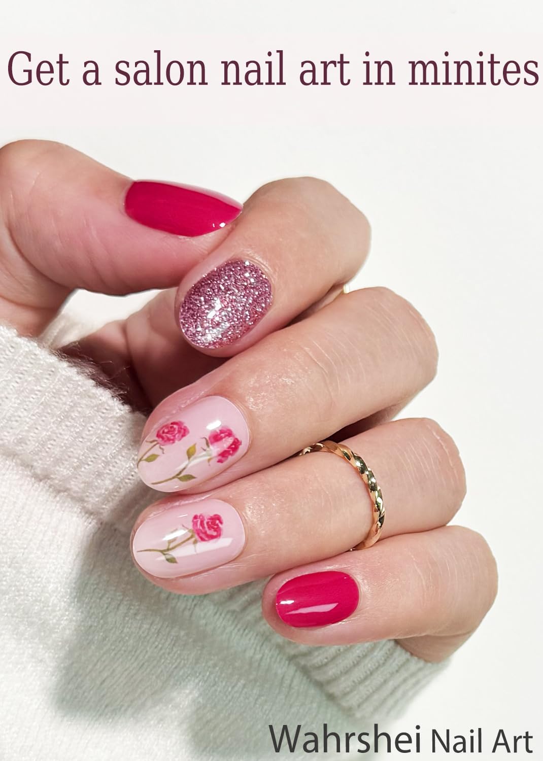 Semi Cured Gel Nail Strips, No LED Lamp Needed, Red Glitter Rose Gel Nail Stickers, Wraps for Home Manicure DIY