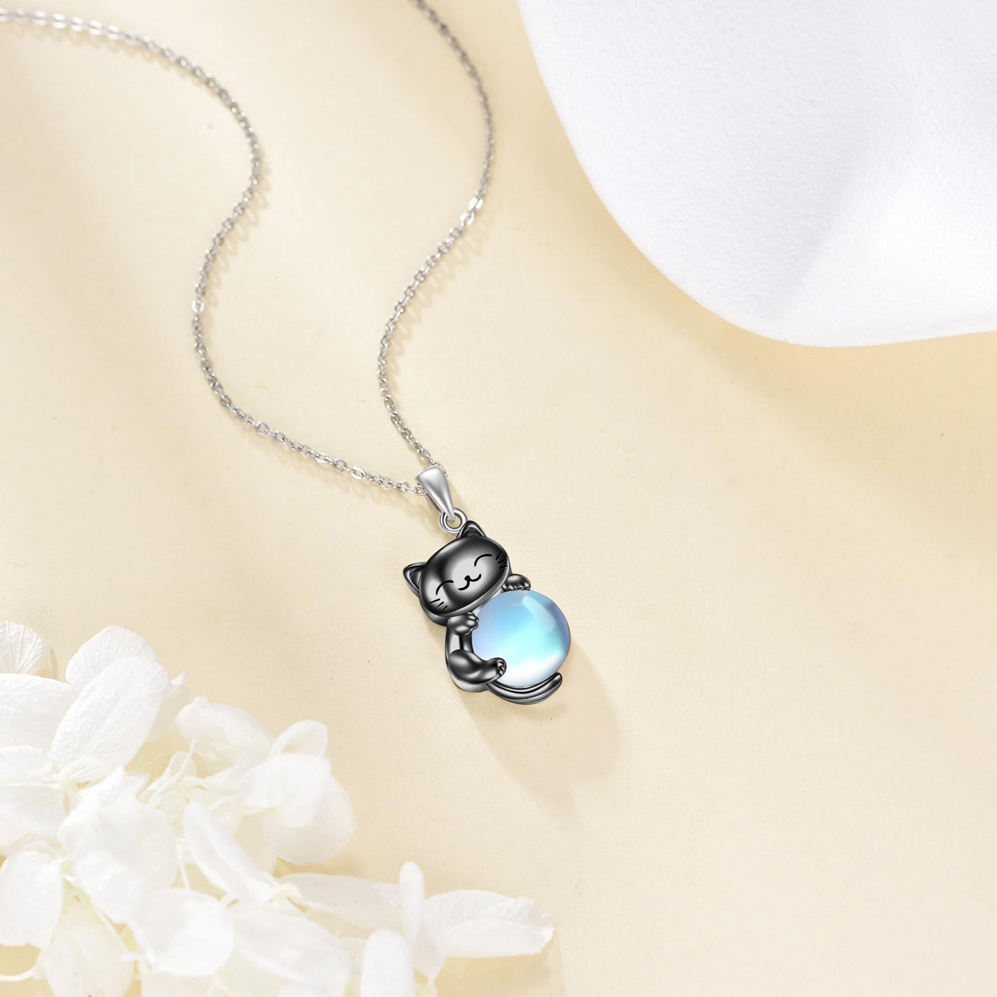 YAFEINI Cat Necklace 925 Sterling Silver Moonstone/Rose Quartz Pendant Jewelry for Women Cat Lovers (Moonstone)
