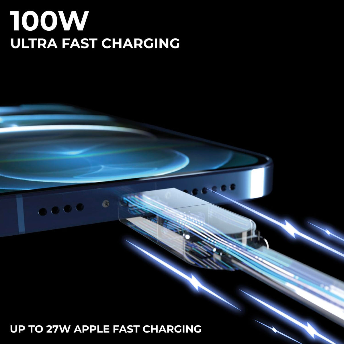 Rolling Square inCharge XL 30cm - USB C Charger Cable, Lightning for Smartphone, Universal 6 in 1, USB Plug, Glacier White, 100W