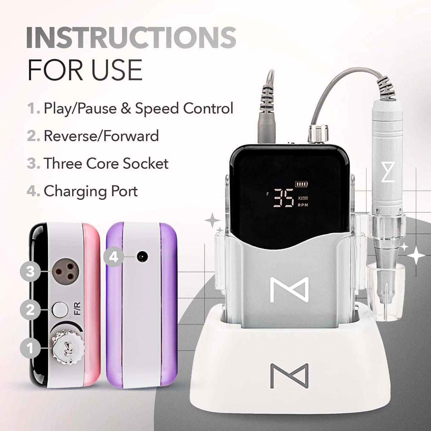 M Mase- Professional Nail Drill Machine - Coreless 2-in-1 Nail File - Electric, Cordless, 35000 RPM, HD Display - Electric Nail Drill for Professional & Home Use (Metallic Gold)