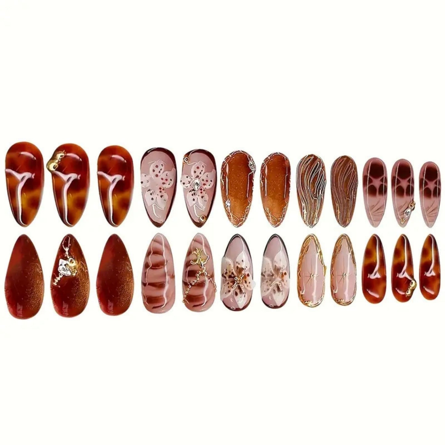 SEENEEY Medium Almond Press on Nails Brown Fake Nails Floral Artificial Nail with Gold Charm Designs Glitter Stick on Nail for Women 24pcs