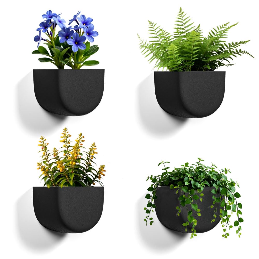 Asnext 2 Pack Wall Hanging Planter Pots for Indoor and Outdoor Plants, 7 Inch Half-Moon-Shaped Plastic Wall Planter, Wall Mounted Succulent Planters (Black)