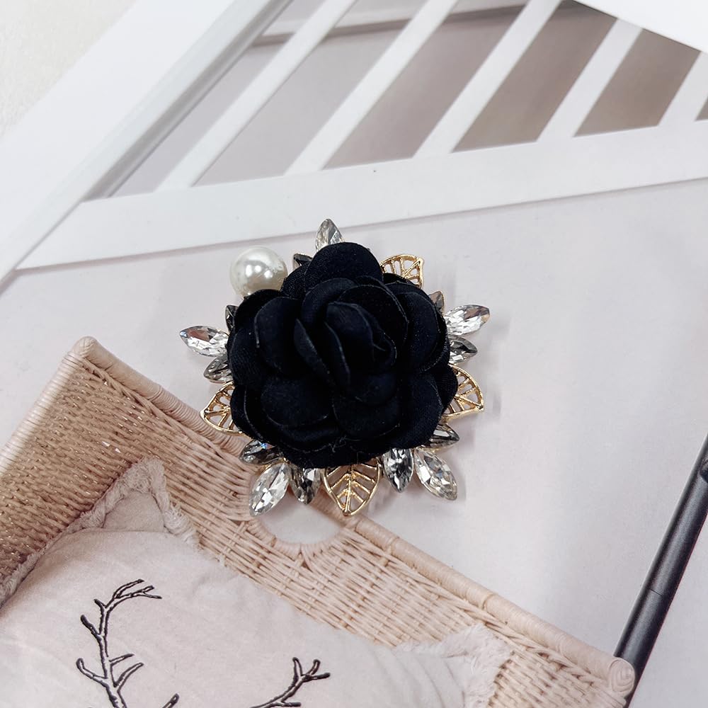 Elegant Rose Flower Brooch Pin for Women Men Wedding Party Gentleman's Essentials Handmade Imitation Crystal Pearl Fabric Flower Lapel Pin Dress Suit Accessories Boutonniere Ideas Gift (Black)