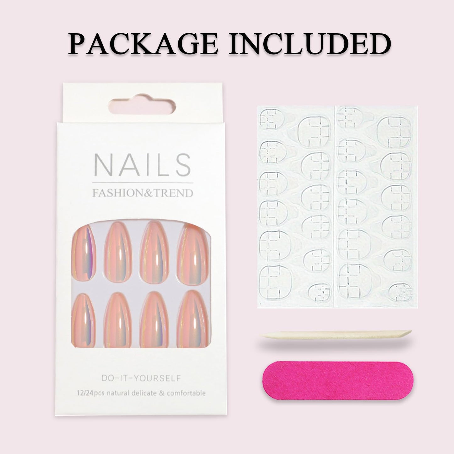 24Pcs Chrome Press on Nails Medium Almond Fake Nails Pink Aurora False Nails Glossy Quality Nail Tips Full Cover Glue on Nail Cute Acrylic Stick on Nails for Women Quick Manicure Kit