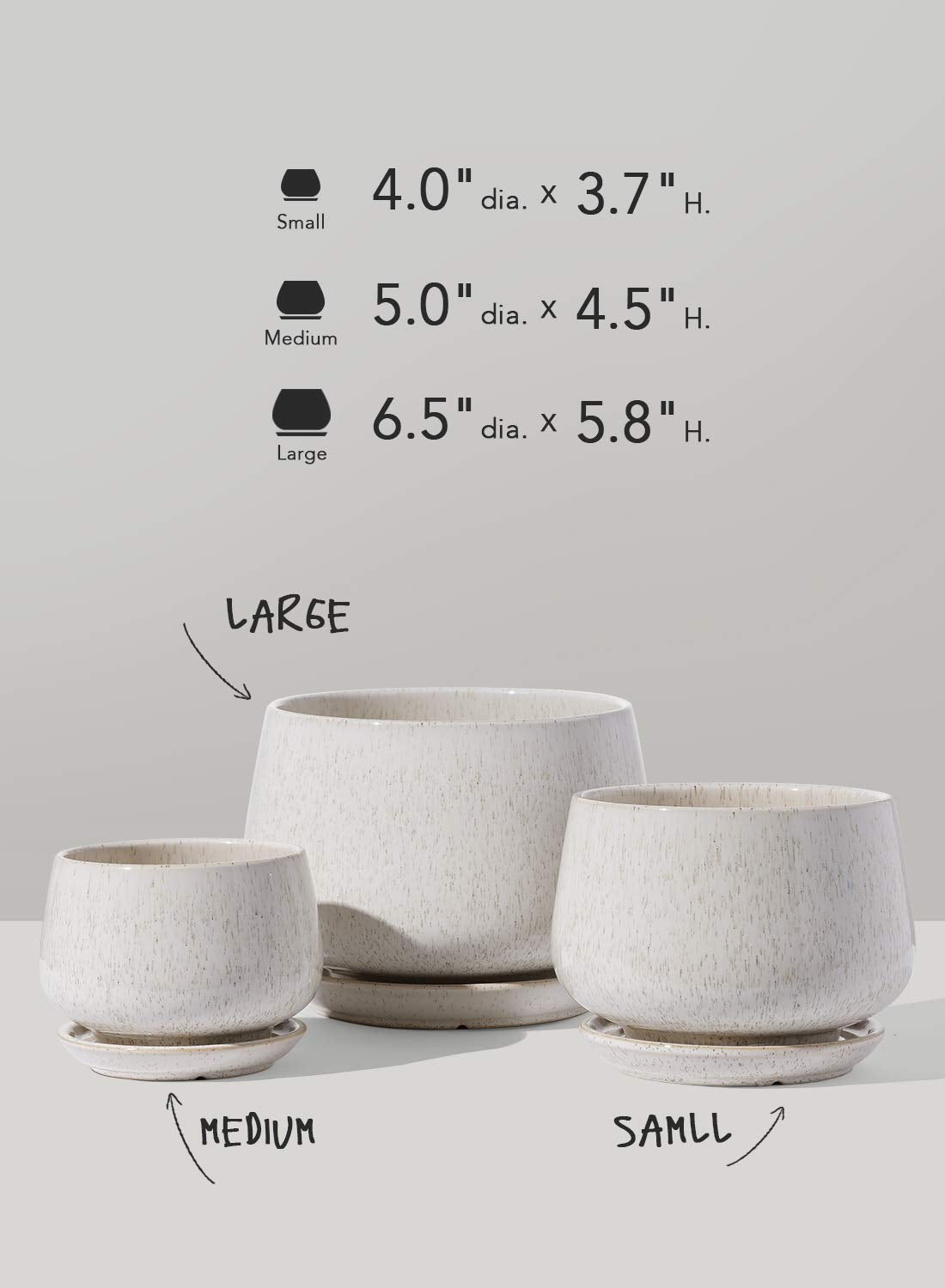 LE TAUCI Ceramic Plant Pots, 4.1+5.1+6.5 Inch Set with 50 Pack 2" Flower Pot Hole Mesh Pad Bundle, Planter with Drainage Hole and Saucer, Beige