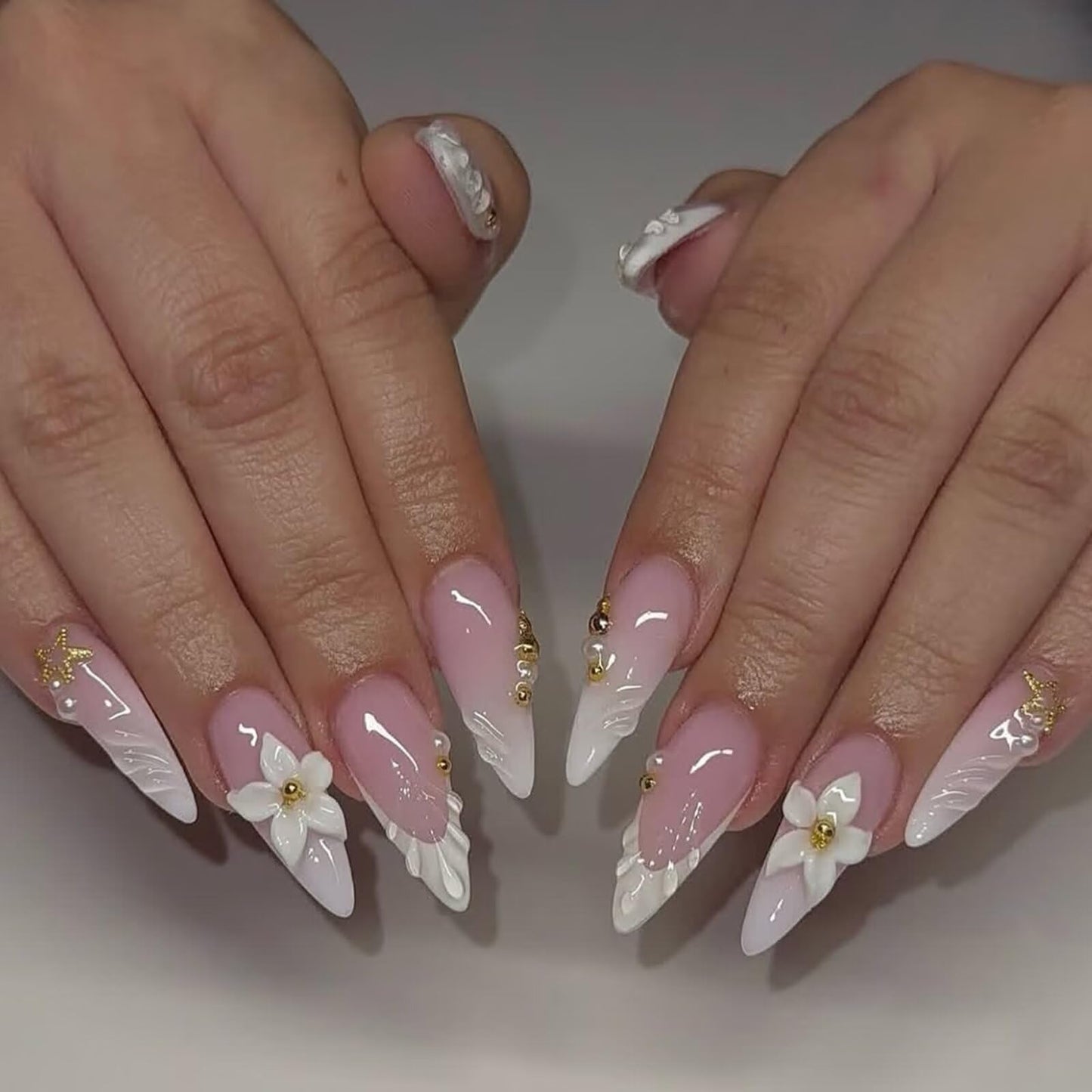 ARTIXY 10 Pcs Handmade Nails Stiletto Press On Nails, Reusable Stick On Artificial False Nails Kit for Women, French 3D Acrylic Fake Nails, with Nail File, ABS Artificial Fingernails with Nail Tip(M)
