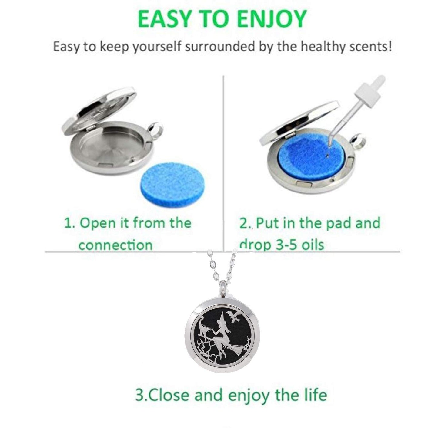 Aromatherapy Essential Oil Diffuser Stainless Steel 30MM Silver Magnetic Locket Pendant 2 Sizes Chain Necklace, Refill Pads & Diffuser Bracelet in a Velvet Bag (Witch)