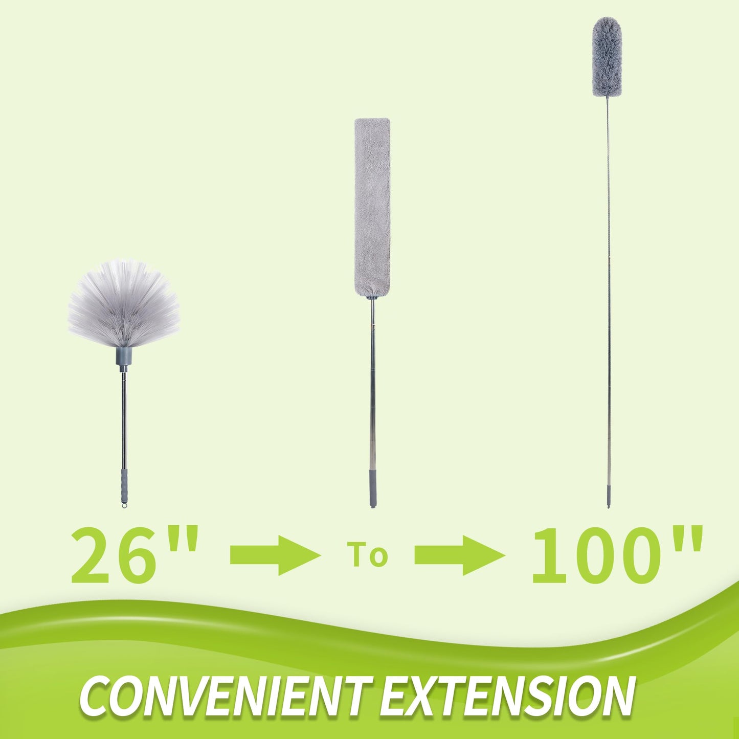 IVYROLL Duster with Extension Pole, Skinny Duster/Under Appliance Cleaning Tool & Spider Web Brush & Ceiling Cleaner, 100" Microfiber Feather Cleaner with Washable Head for Fan Furniture Wall