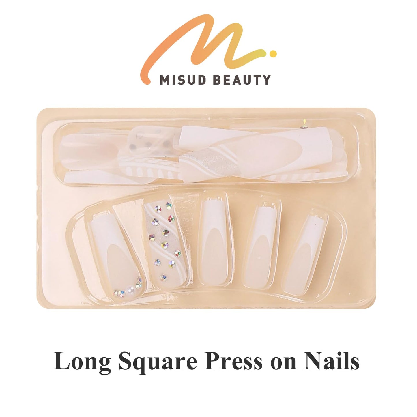 MISUD Press on Nails - Long Square Glue on Nails with White, Acrylic Wedding Bride Design 24 pcs