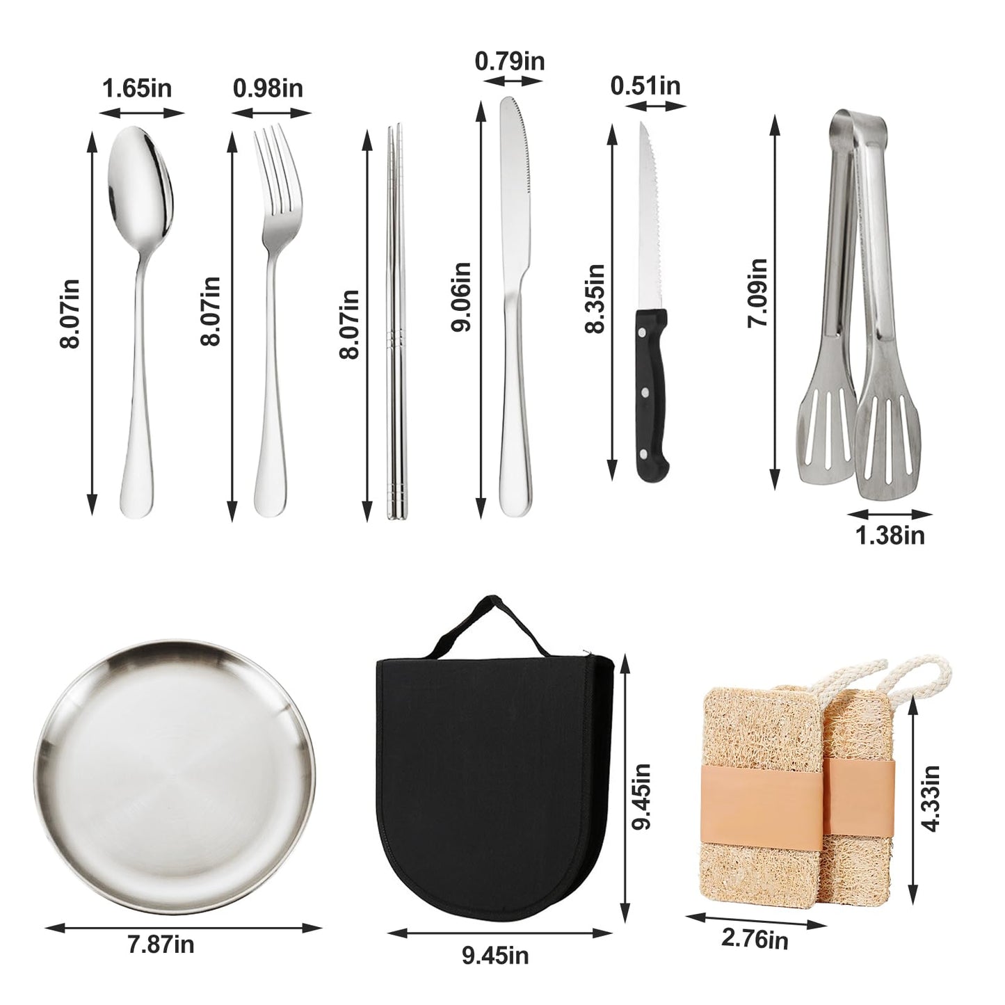 KEJJRIUTN Camping Cutlery Set, 12-Piece Stainless Steel with Plates and Case, Portable Outdoor Dining Kit, Silver