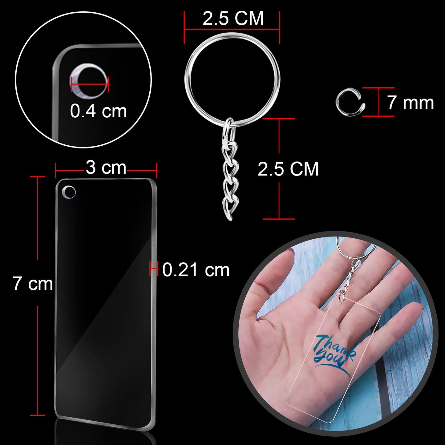 Duufin 120 Pieces Acrylic Keychain Blanks Set Including 40 Pieces Rectangle Acrylic Ornament Blanks (3 x 7cm) 40 Pieces Key Rings with Chain and 40 Pieces Jump Rings for DIY Projects and Craft