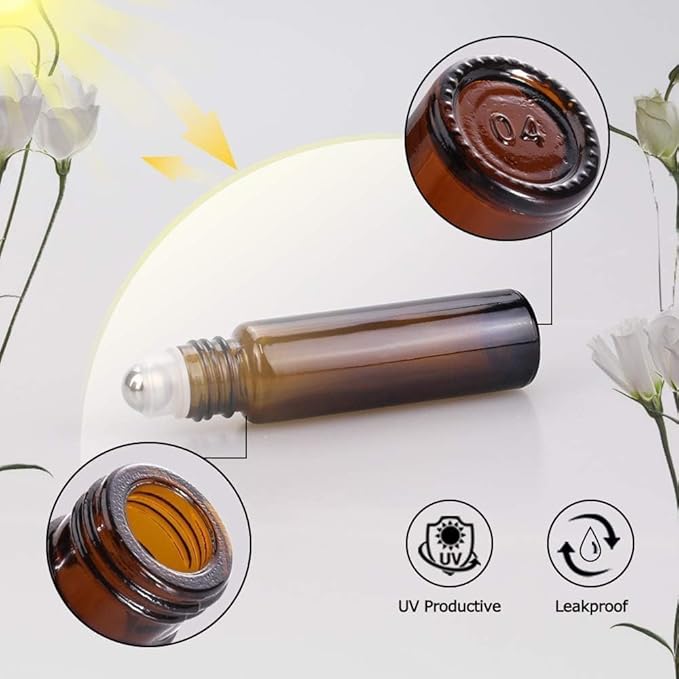 Sungwoo 25 Pack Essential Oil Bottles, 10ml Amber Glass Bottles with Stainless Steel Roller Balls and Caps for Travel, Perfume and Lip Gloss