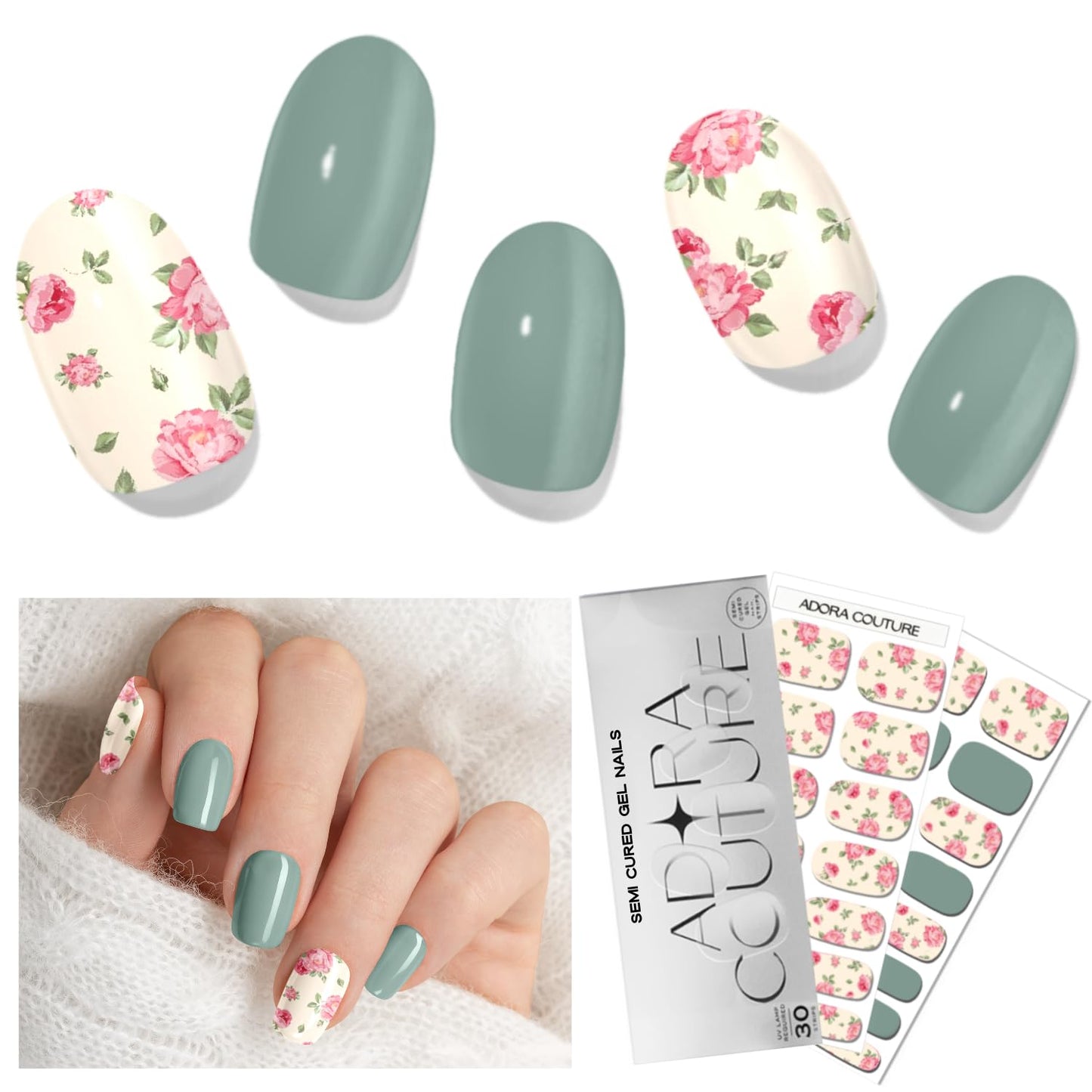 Adora Couture Semi Cured Gel Nail Strips with 30 Pieces - Salon Quality Manicure Kit for Women Easy Application Wraps Includes Prep Pads Nail File Wooden Stick, UV Light Required (M Vintage A)