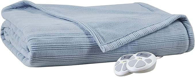 Serta Travis Fleece Ultra Soft Tri-Rib Textured Electric Blanket, Cozy and Snuggly Cover Fast Heating for Cold Weather, Auto Shut Off, Multi Heat Setting Controller, Queen, Dusty Blue