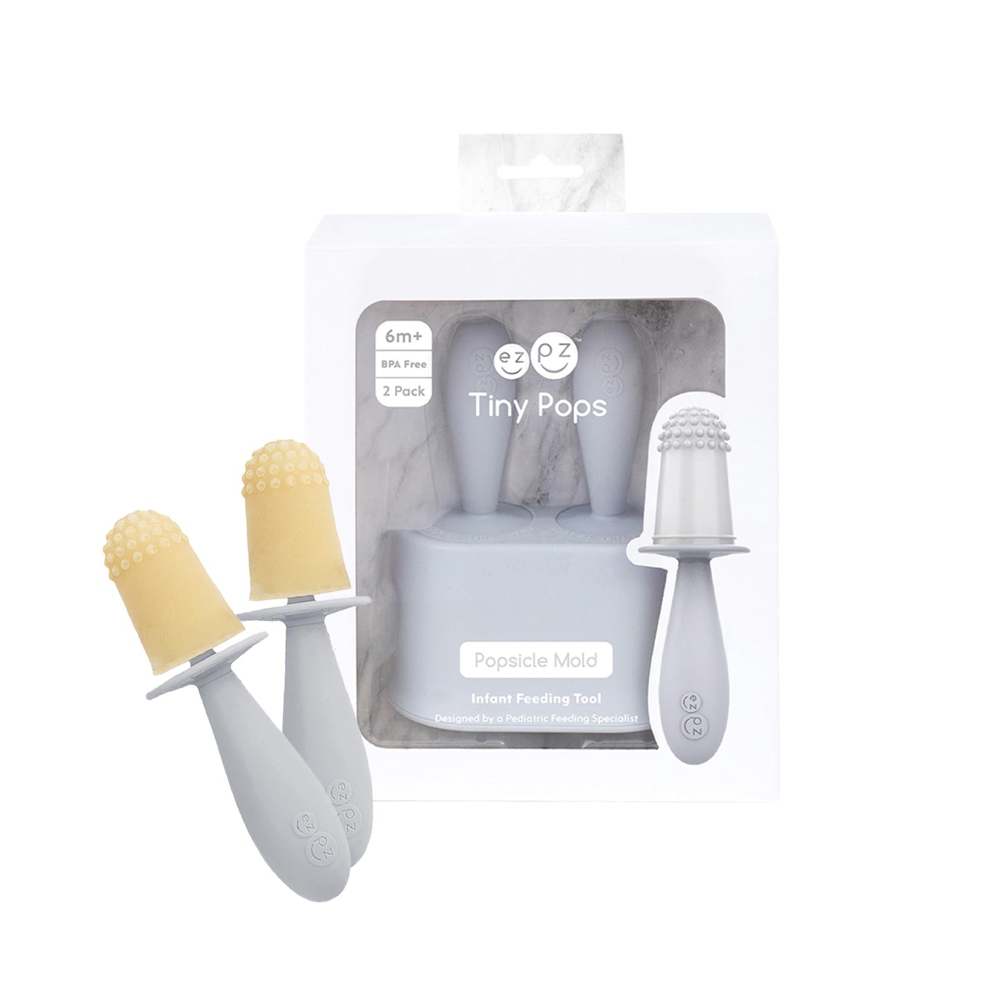 ezpz Tiny Pops (Pewter) - 4 Months+ - Popsicle Mold Set with Two Wands for Infants - Baby-Led Weaning + Teething Essentials
