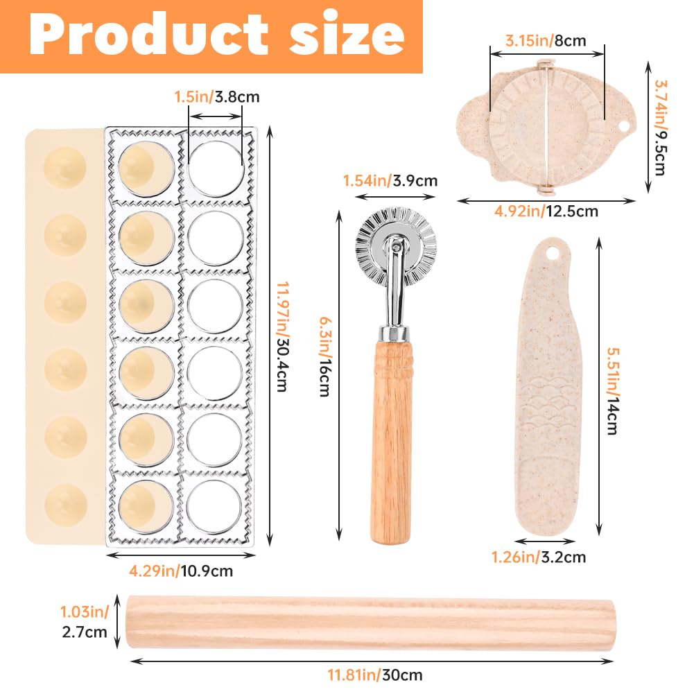 5 Pieces Ravioli Mold Set,Includes 12 Holes Ravioli Maker Press, Wood Rolling Pin,Dumpling Press Mold, Filling Spoon,Ravioli Cutter,for Ravioli Press Mold Pasta Making Tools