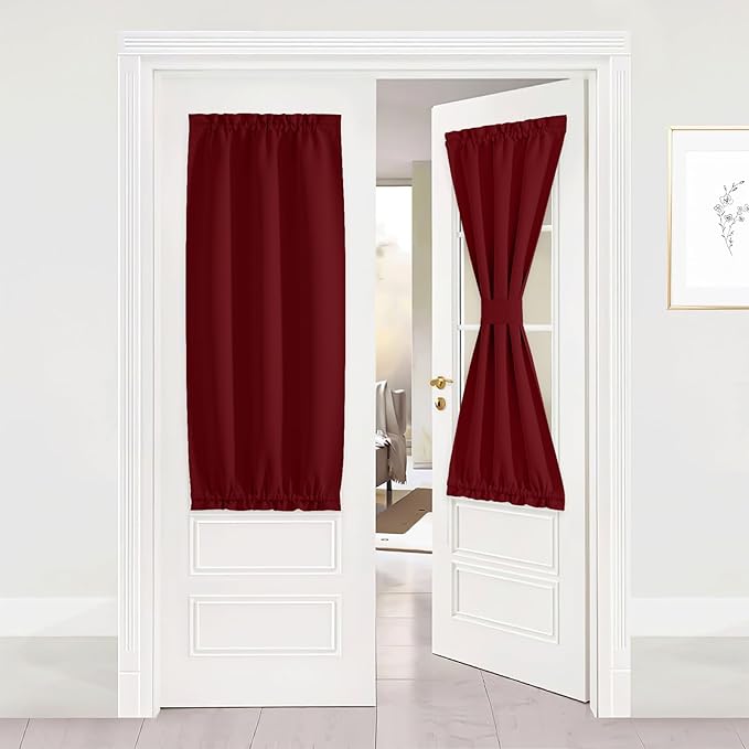 NICETOWN French Door Curtains, Rod Pocket Thermal Blackout Curtain with Glass Window, Kitchen Patio Doors for Privacy Christmas, 25 X 50 Inches Long, 1 Panel with Tieback, Burgundy Red
