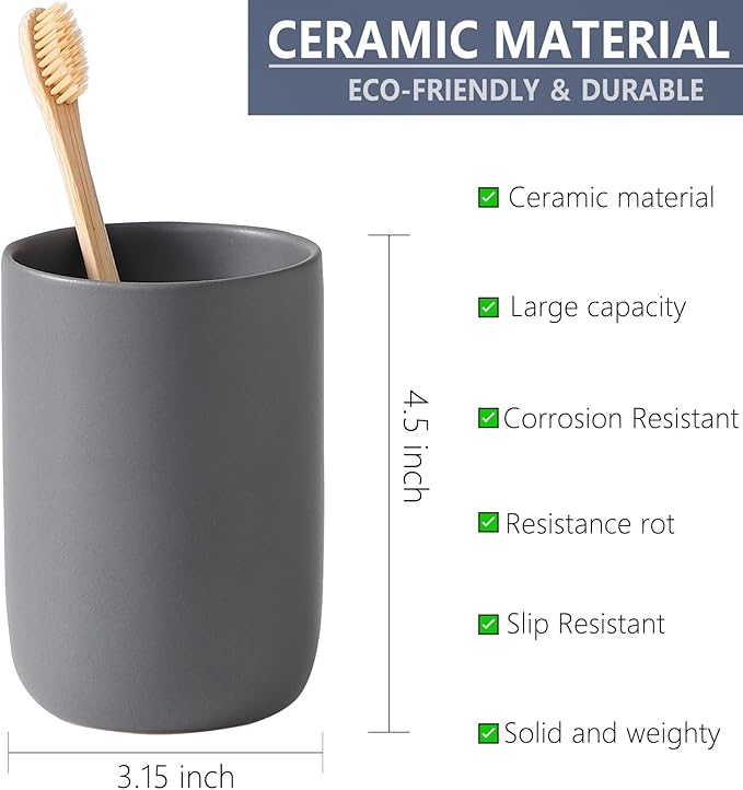 Matte Grey Toothbrush Holders for Bathrooms - Ceramic Toothbrush Toothpaste Holders Set, Grey Bathroom Tumbler Cups Reusable Toothbrush Cup, Counter Organizer