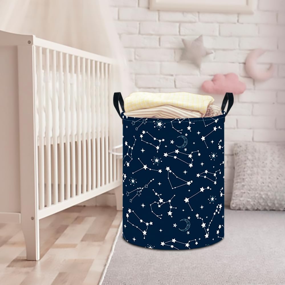CLOCOR Large Blue Round Laundry Hamper,Kids Toy Storage Basket,Baby Dirty Clothes Nursery Hamper for Boys and Girls,Bedroom,Bathroom,Gift Basket(Starry Sky)