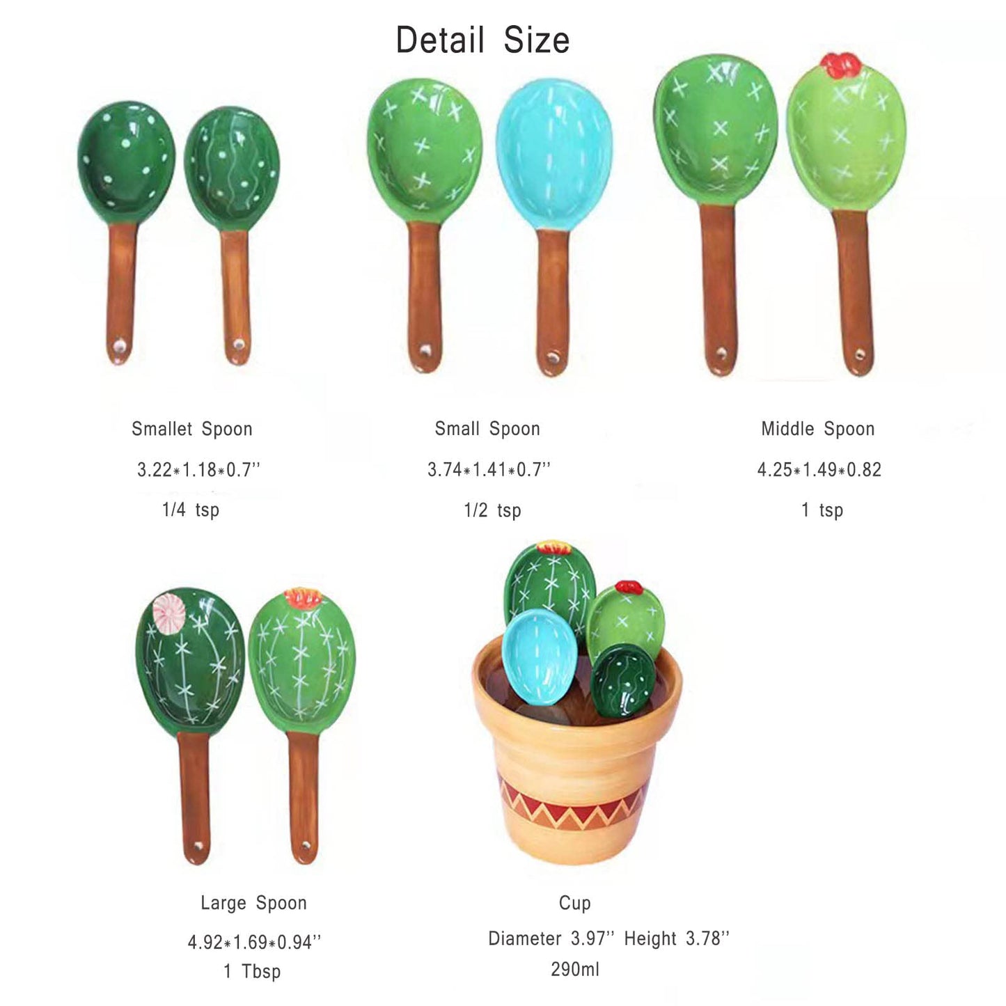 GICEY Cactus Measuring Spoons Set in Pot Ceramic Cute Small Cacti Measuring Spoons and Cups Green for Baking,Salt, Sugar Housewarming Gifts (Green）