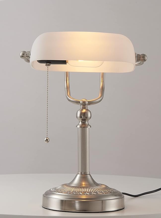 Newrays White Matted Glass Bankers Desk Lamp with Pull Chain Switch Plug in Fixture,Sand Nickel Base