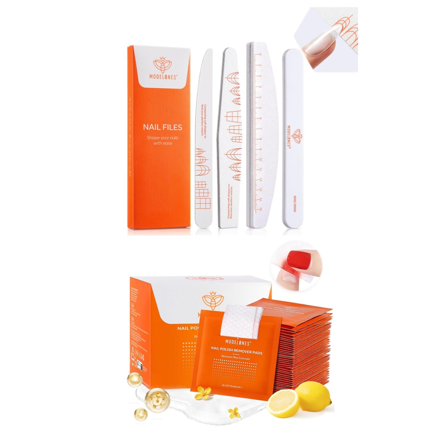 Modelones Nail Polish Remover Pads 50 PCS + Modelones Nail Files and Nail Buffers Blocks 4 PCS